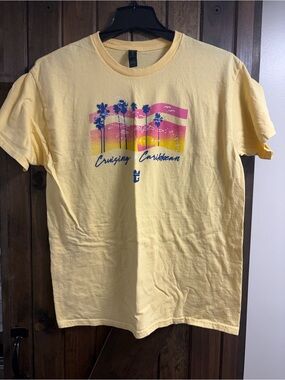 NWOT Gildan Yellow 'Cruising Caribbean' Graphic Tee with Pink & Blue Sunset